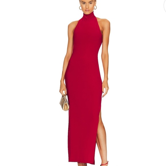 Norma Kamali Halter Turtleneck Side Slit Gown Red - Picture 1 of 6